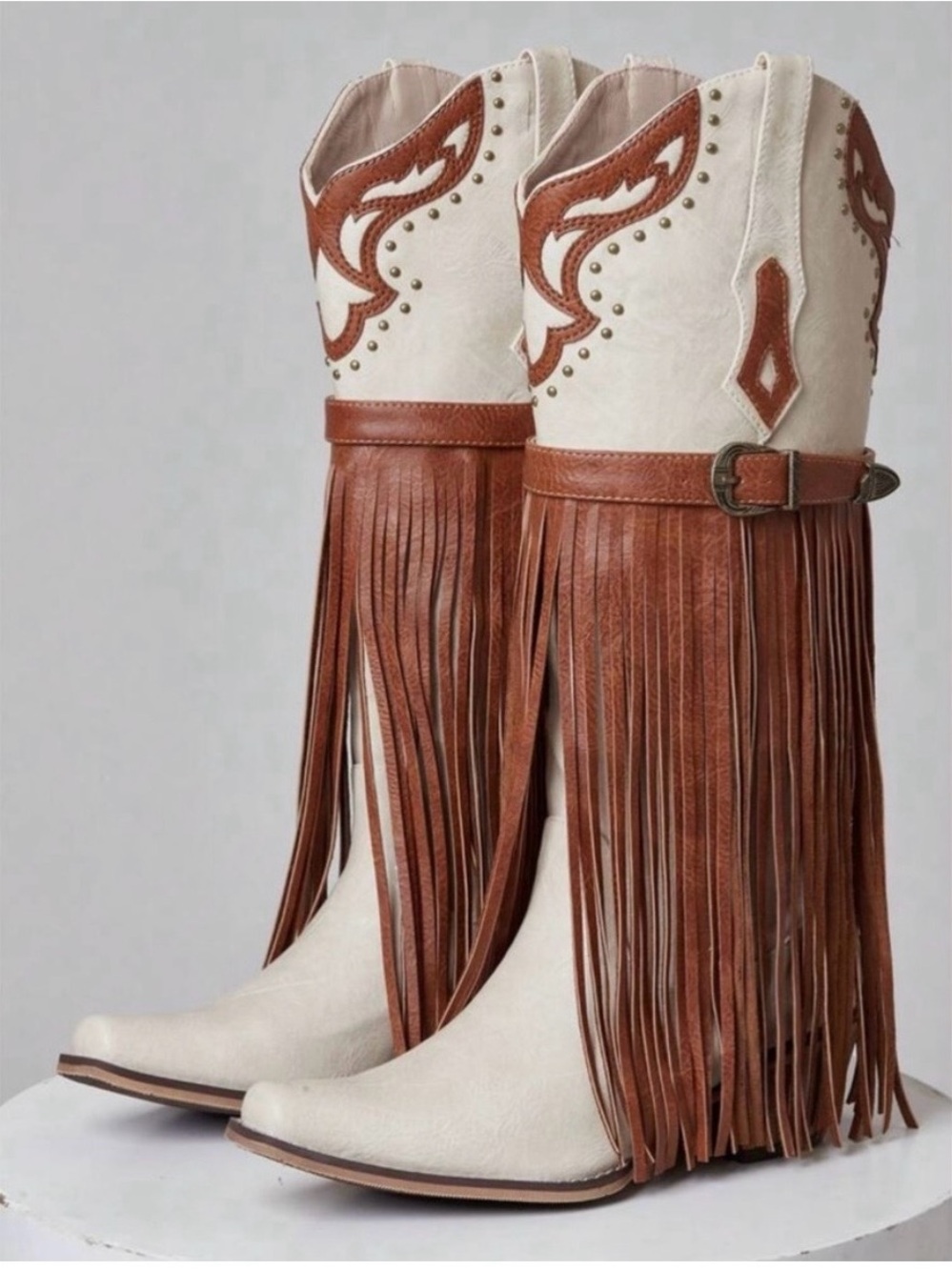 Fringe Western Cowgirl Boots in Cream and Brown